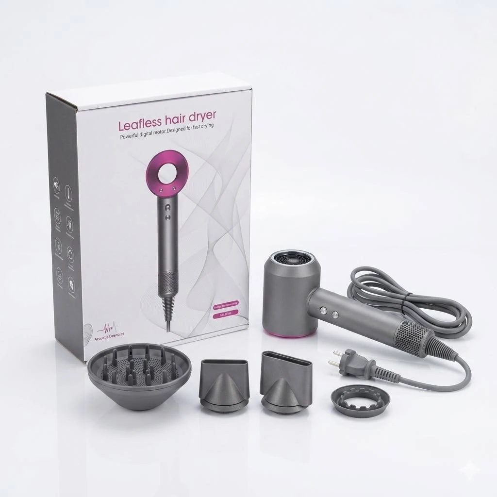 Фен для волос Leafless Hair Dryer (Качество LUX / Аналог Dyson Supersonic), с 4 магнитными насадками, цвет: Серый/Фуксия